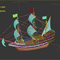 Vintage Wooden Sailing Ship Model With Multiple Sails And Decorative Flags