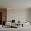 Modern Living Dining Room Interior With White Sofa Round Coffee Table Floor Lamp And Curtains