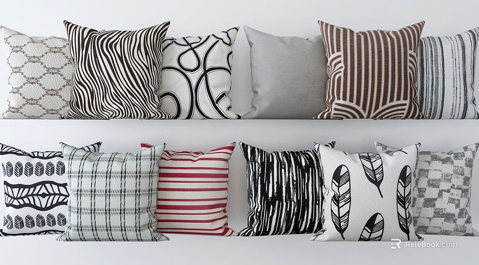 Assorted Decorative Throw Pillows With Various Patterns And Colorful Designs 3d model 