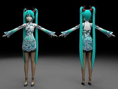 Anime Style Virtual Character With Teal Hair Red Accessories And Patterned Dress Front Back Views 3d model