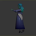 Magical Elf Creature Character Green Skin Blue Hair Silver Armor Orange Dress Blue Cape Standing