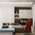 Tatami Bedroom Interior With Bed Red Gaming Chair At Desk White Cabinets And Wooden Floor