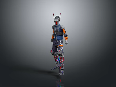Futuristic Sci Fi Armored Character Wearing Blue Orange Outfit With Mechanical Legs And Horned Helmet 3d model