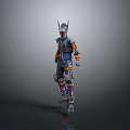 Futuristic Sci Fi Armored Character Wearing Blue Orange Outfit With Mechanical Legs And Horned Helmet