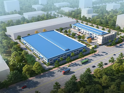 Modern Industrial Factory Aerial View With Blue Roof Trees And Road 3d model