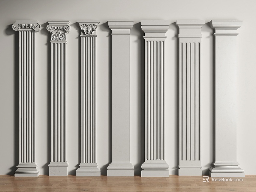 Elegant White Columns with Various Styles Arranged in a Row for Interior Design 3d model 