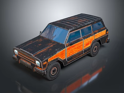 Vintage Off Road Vehicle With Rusty Metal Body And Wooden Side Panels 3d model