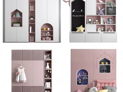Modern Kids Wardrobe in Pink White Design with Display Shelves Hanging Clothes and Stuffed Toys 3d model