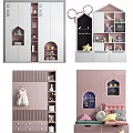 Modern Kids Wardrobe in Pink White Design with Display Shelves Hanging Clothes and Stuffed Toys