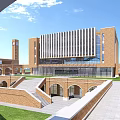 Red Brick School Building With Arched Windows Front Lawn And Symmetrical Towers Grand Facade Design