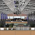 Spacious Lounge Area With Wooden Partitions Metal Roof Structure And Hanging Lights