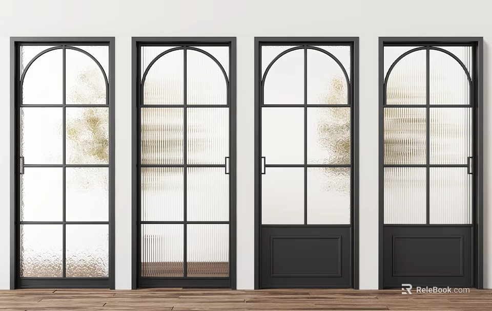 Modern Glass Casement Door With Black Frame Arched Top And Grid Glass Panels 3d model 