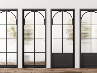 Modern Glass Casement Door With Black Frame Arched Top And Grid Glass Panels 3d model