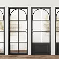 Modern Glass Casement Door With Black Frame Arched Top And Grid Glass Panels