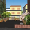 Rural Landscape With Traditional Houses Green Trees And Flower Pots Along Path