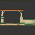 Garden Landscape with Pergola Orange Lattice Roof White Columns Stone Slab Floor and Green Lawn
