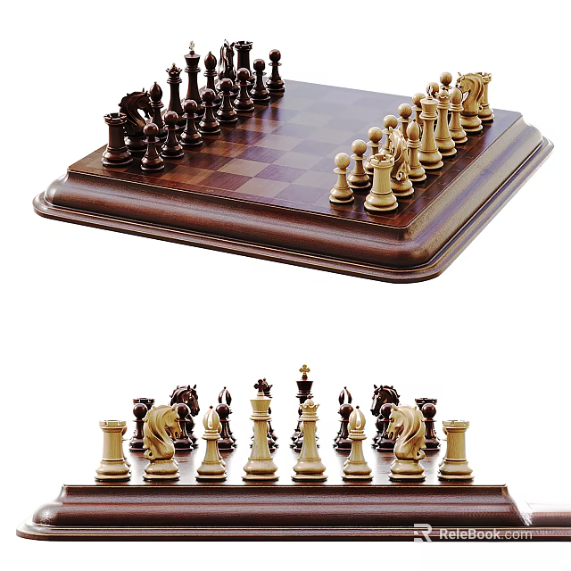 Elegant Wooden Chess Set With Classic Black And White Chess Pieces On Board 3d model 