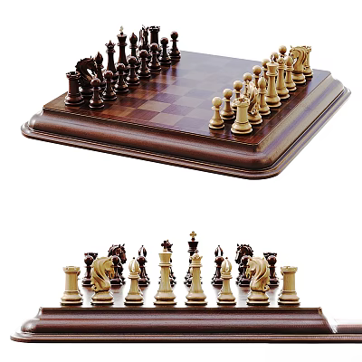 Elegant Wooden Chess Set With Classic Black And White Chess Pieces On Board 3d model