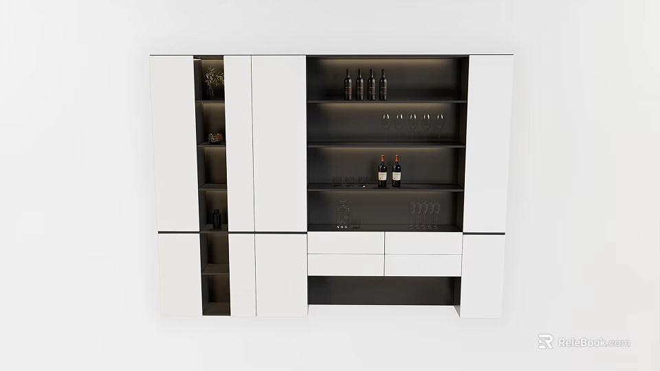 Modern White And Black Wine Cabinet With Storage Shelves For Wine Bottles And Glassware 3d model 