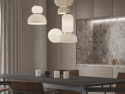 Modern Dining Table Set With Pendant Lights Gray Cabinets And Marble Backdrop 3d model
