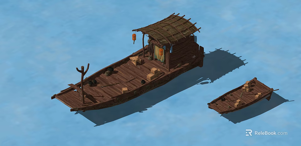 Traditional Wooden Boat Featuring Thatched Roof Shelter Cargo Boxes Hanging Lanterns On Blue Water 3d model 