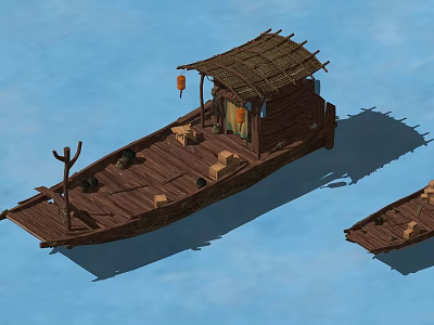 Traditional Wooden Boat Featuring Thatched Roof Shelter Cargo Boxes Hanging Lanterns On Blue Water 3d model