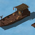 Traditional Wooden Boat Featuring Thatched Roof Shelter Cargo Boxes Hanging Lanterns On Blue Water