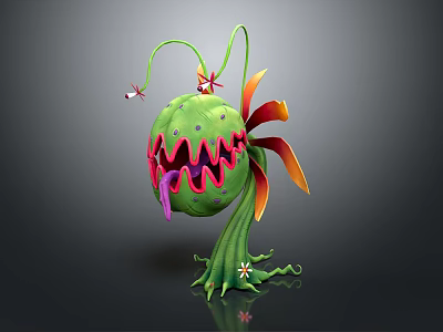 Fantasy Cartoon Plant With Green Body Open Mouth Sharp Teeth And Colorful Petals 3d model