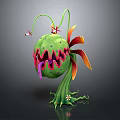 Fantasy Cartoon Plant With Green Body Open Mouth Sharp Teeth And Colorful Petals