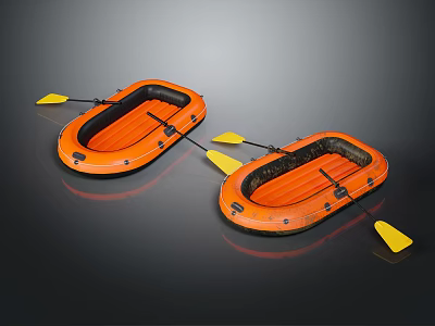 Two Orange Inflatable Boats With Yellow Paddles On Dark Surface 3d model