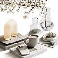 Stylish Decorative Ornament Set With White Blossom Branch Transparent Vase Arched Lamp And Coffee Mug