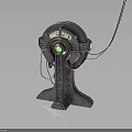 Metallic Mechanical Equipment Featuring Circular Head Green Glowing Component Yellow Details And Connecting Cables