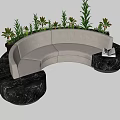 Curved Light Colored Sectional Sofa With Black Marble Base And Green Plants 3d model