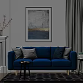 Blue Three Seater Sofa In Modern Living Room With Fireplace Throw Pillows Artwork And Rug