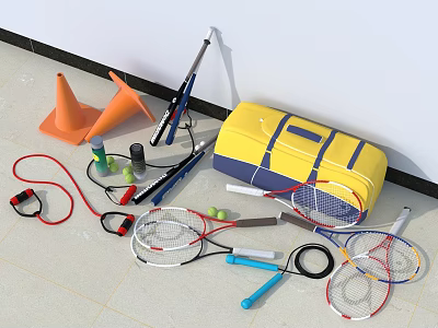 Complete Sports Equipment Collection With Cones Jump Ropes Rackets Balls Training Sticks And Sports Bag 3d model