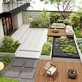 Modern Courtyard Garden With Wooden Deck Lush Greenery Outdoor Sofa Water Feature And Fire Pit