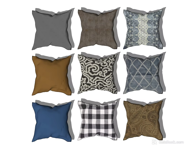 Decorative Throw Pillows with Various Patterns and Colors for Home Decor 3d model
