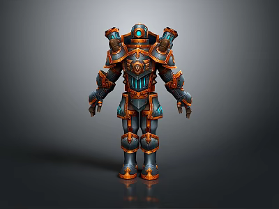 Game Movie Character 3D Model With Blue Orange Armored Design And Glowing Elements 3d model