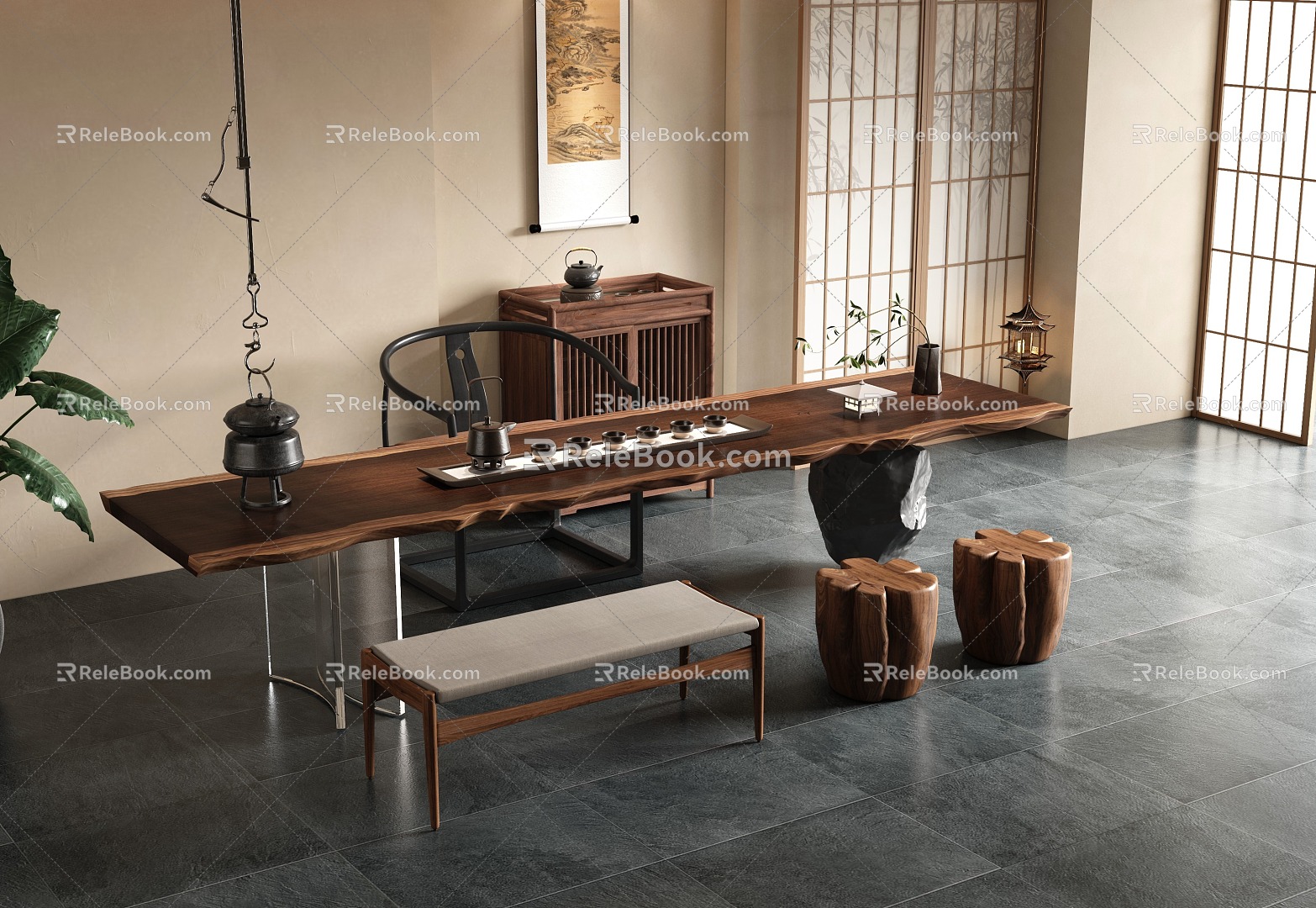 New Chinese-style Solid Wood Tea Table and Chair Combination Zen Tea Room 3d model