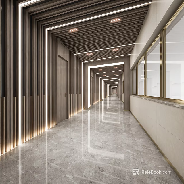Modern Elevator Hallway Interior Design With Wooden Paneling Polished Floor And Recessed Lighting 3d model 