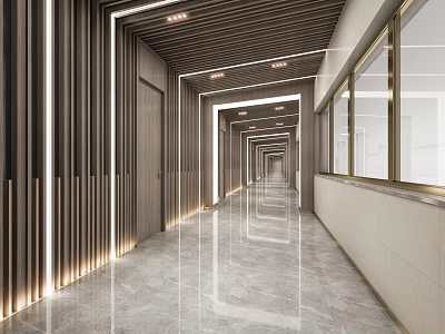 Modern Elevator Hallway Interior Design With Wooden Paneling Polished Floor And Recessed Lighting 3d model