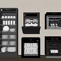 Modern Kitchen Appliances Including Dishwashers Sterilizers With Cups Plates And Bowls