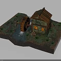 Detailed Miniature Watermill House Model With Flowing Water And Green Grass