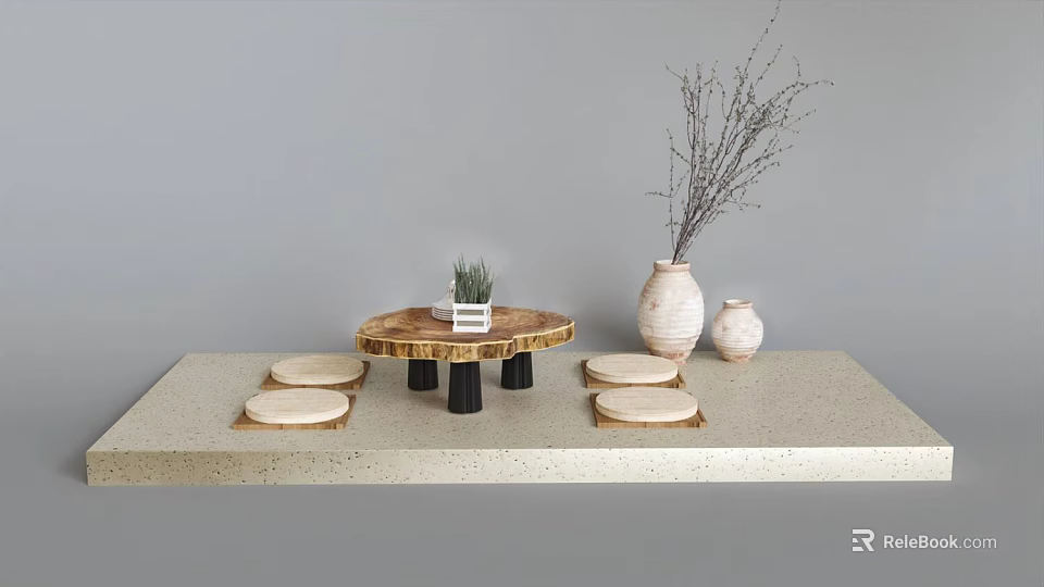 Minimalist Wooden Tea Table With Round Seats Black Legs Decorative Vases And Small Plant 3d model 