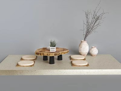 Minimalist Wooden Tea Table With Round Seats Black Legs Decorative Vases And Small Plant 3d model