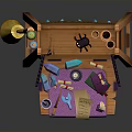 Rustic Wooden Craft Workbench with Shelves Tools and Purple Cloth Supplies