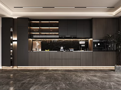 Modern Black And Wooden Sideboard With Open Cabinets In Contemporary Kitchen 3d model