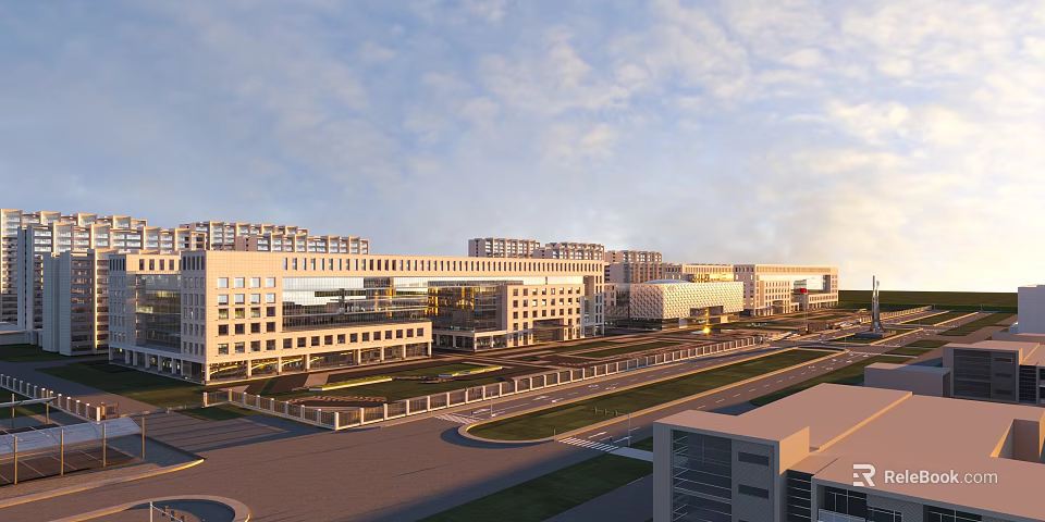 Aerial View Master Plan of Modern Building Complex with Roads and Green Spaces 3d model 