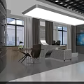 Modern Technology Exhibition Hall Featuring Blue Lighting Ceiling Central Display Column And Interactive Screens