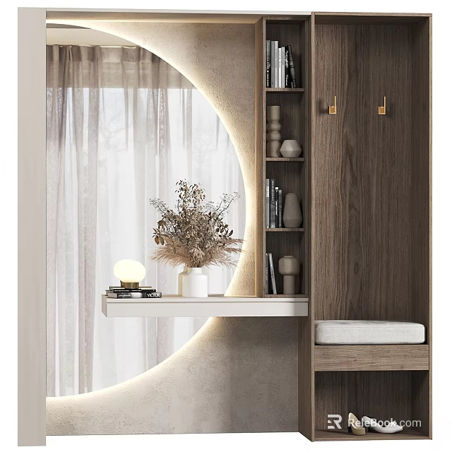 Stylish Entryway Design With Round Illuminated Mirror Wooden Cabinet Shelves Dried Flowers Lamp And White Cushioned Bench 3d model 